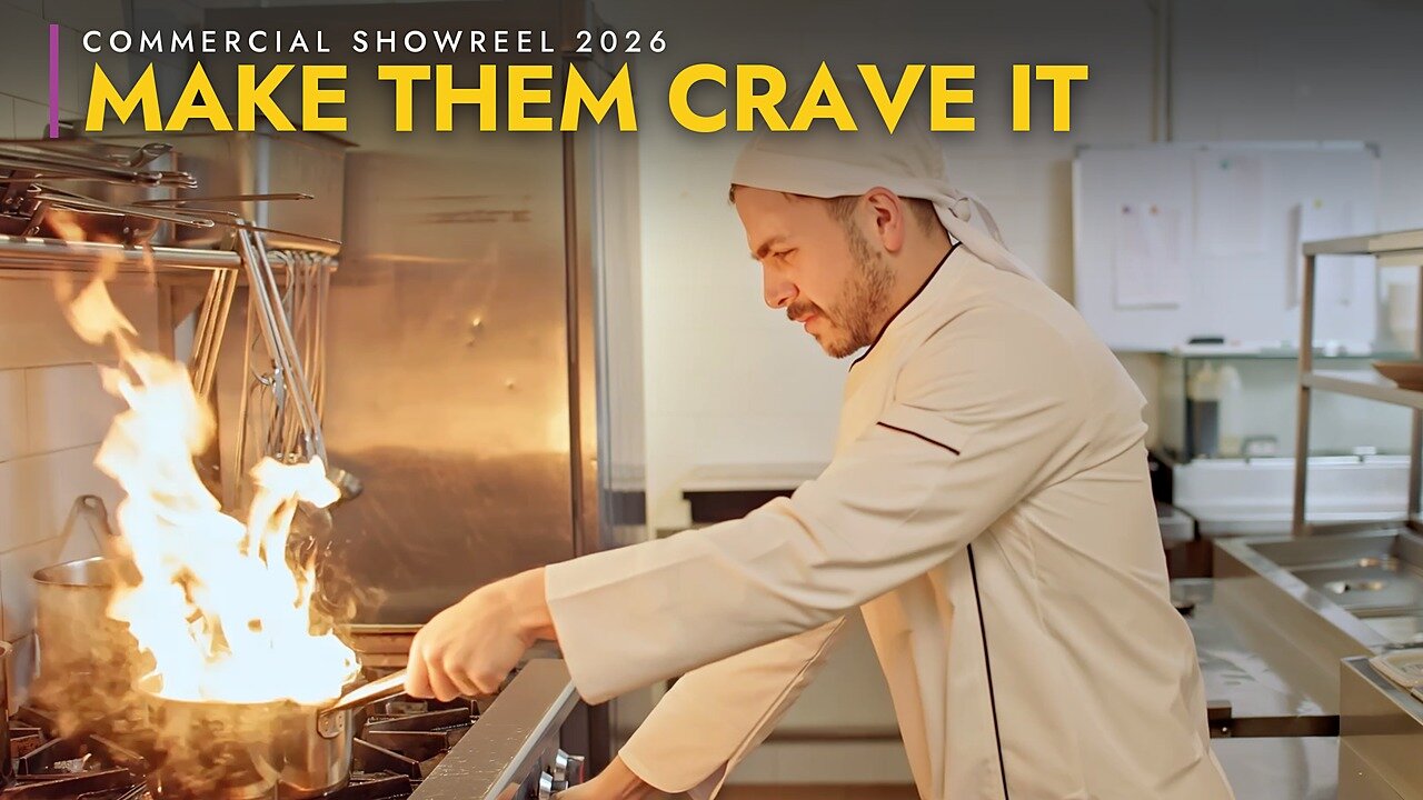 A chef flambés a pan on a professional kitchen range under the words Commercial Showreel 2026, Make Them Crave It